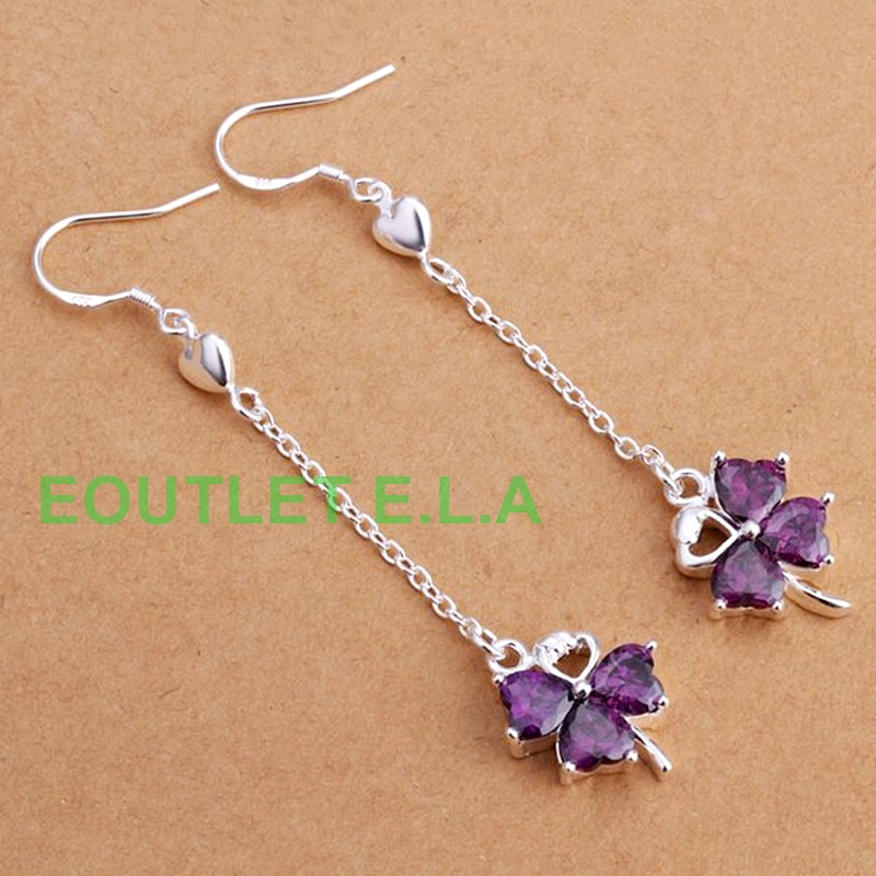 80mm PURPLE CZ LUCKY CLOVER SILVER EARRINGS